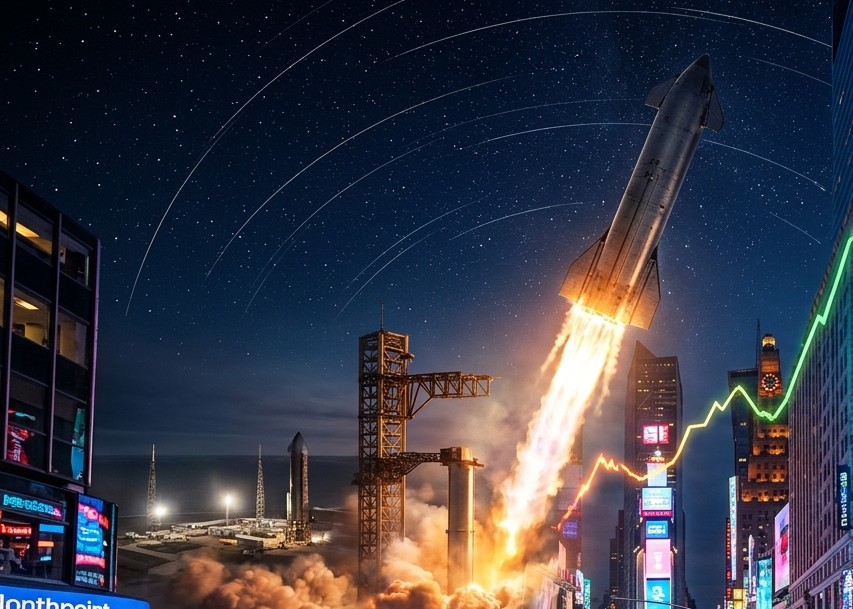 Rakieta Starship startująca w nocy nad miastem z nałożonym rosnącym wykresem giełdowym na tle gwieździstego nieba.